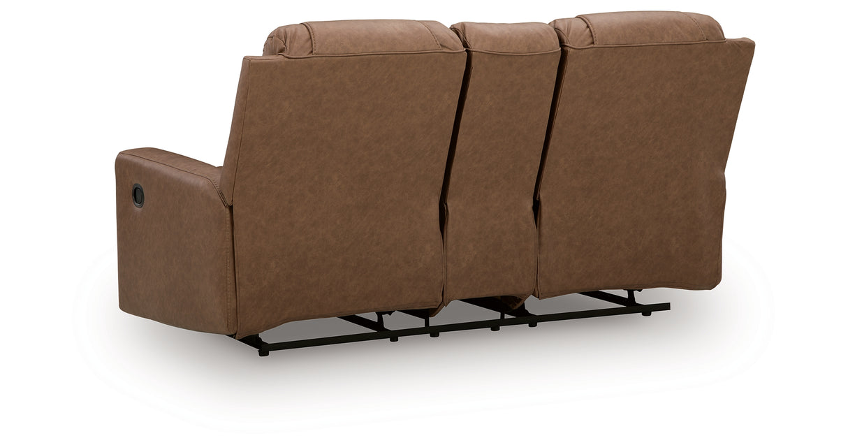 Mackmenville Caramel Reclining Loveseat with Console from Ashley Furniture - Luna Furniture