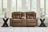 Mackmenville Caramel Reclining Sofa and Reclining Loveseat with Console from Ashley - Luna Furniture
