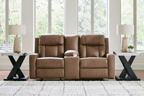 Mackmenville Caramel Reclining Sofa and Reclining Loveseat with Console from Ashley - Luna Furniture