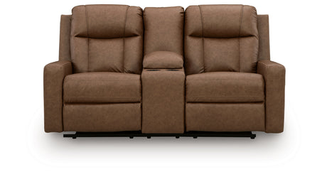 Mackmenville Caramel Reclining Loveseat with Console from Ashley Furniture - Luna Furniture
