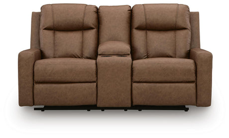 Mackmenville Caramel Reclining Sofa and Reclining Loveseat with Console from Ashley - Luna Furniture