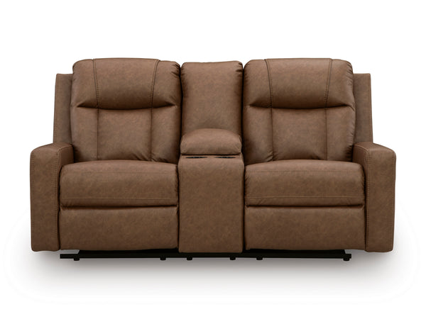 Mackmenville Caramel Reclining Loveseat with Console