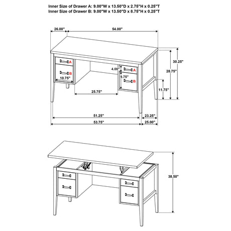 Graham Black 54-inch 4-drawer Double Pedestal Lift Top Computer Desk from Coaster - Luna Furniture