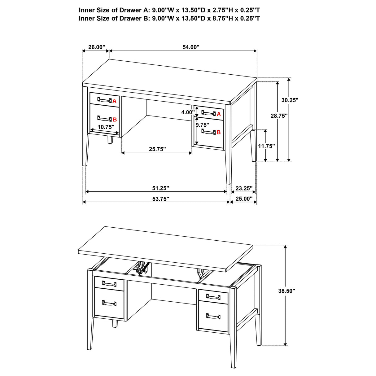 Graham Chocolate 54-inch 4-Drawer Double Pedestal Lift Top Computer Desk
