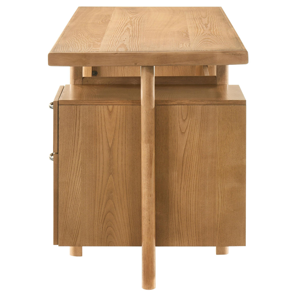 Roldan Light ash computer desk, side view of drawer pedestal and thick top