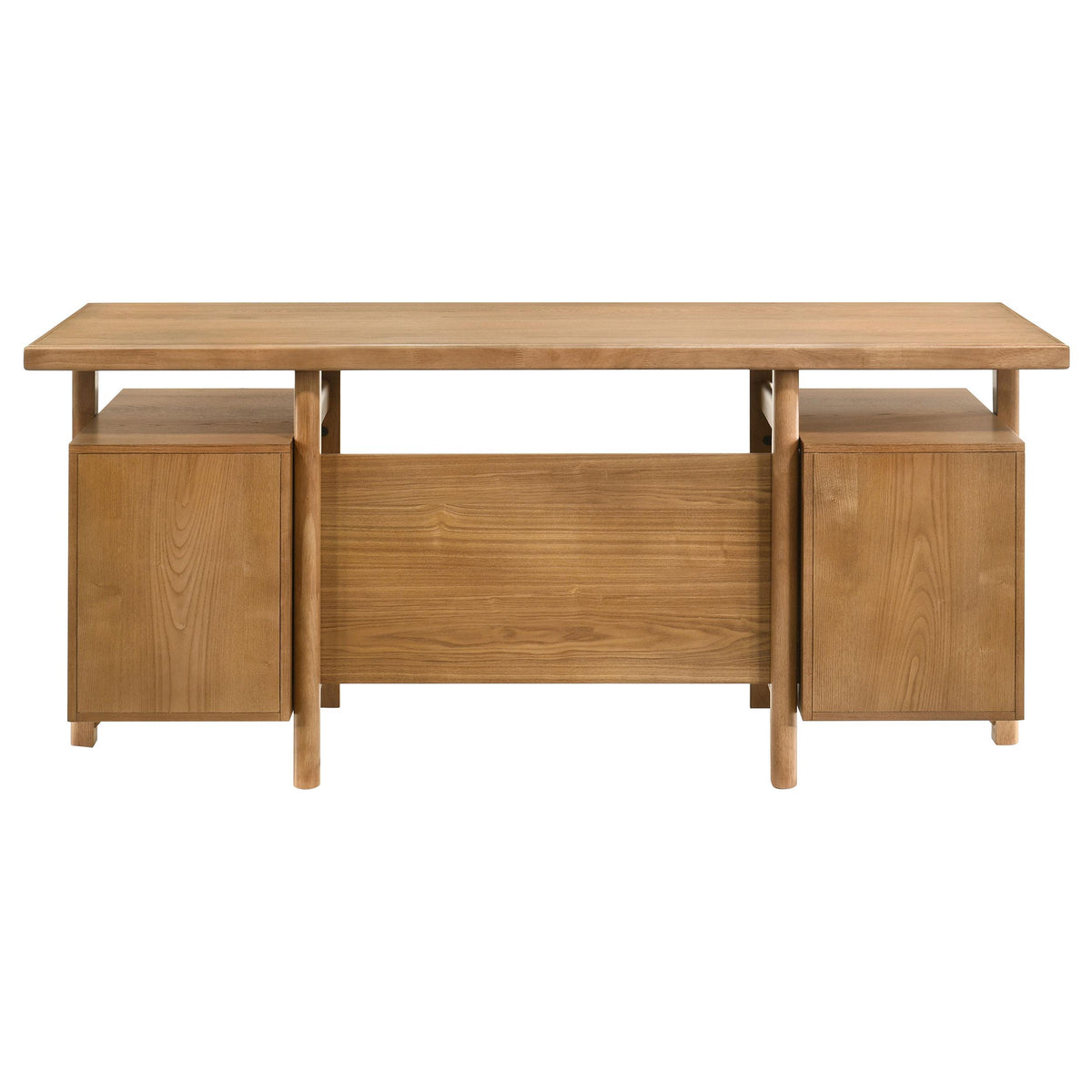 Roldan Light ash computer desk, rear view with centered support panel and side cabinets