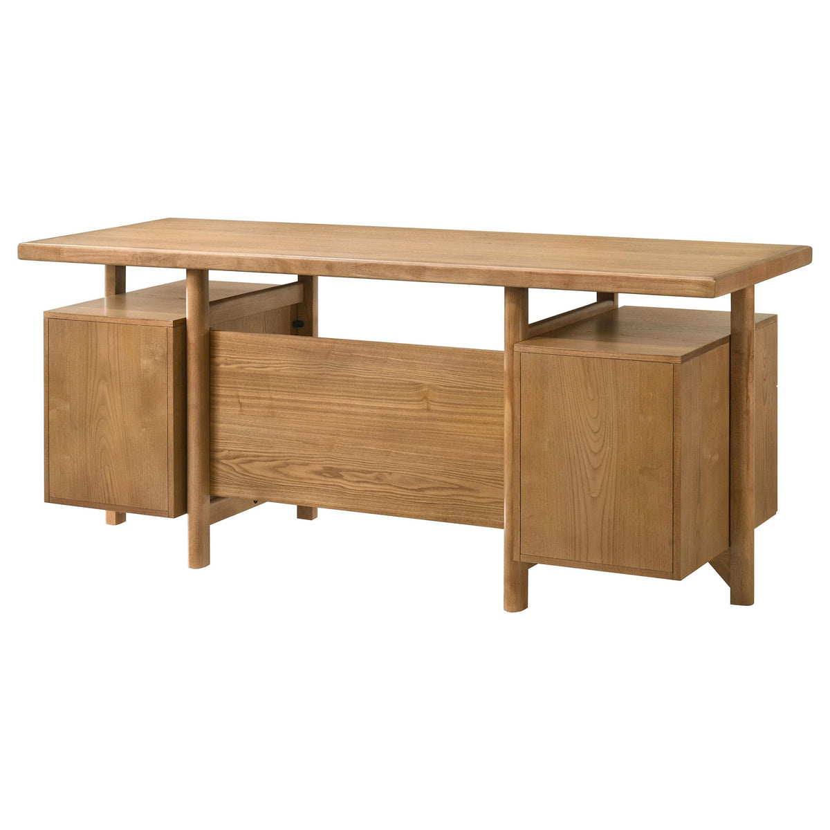 Roldan Light ash computer desk, rear three-quarter view, wood grain side panels