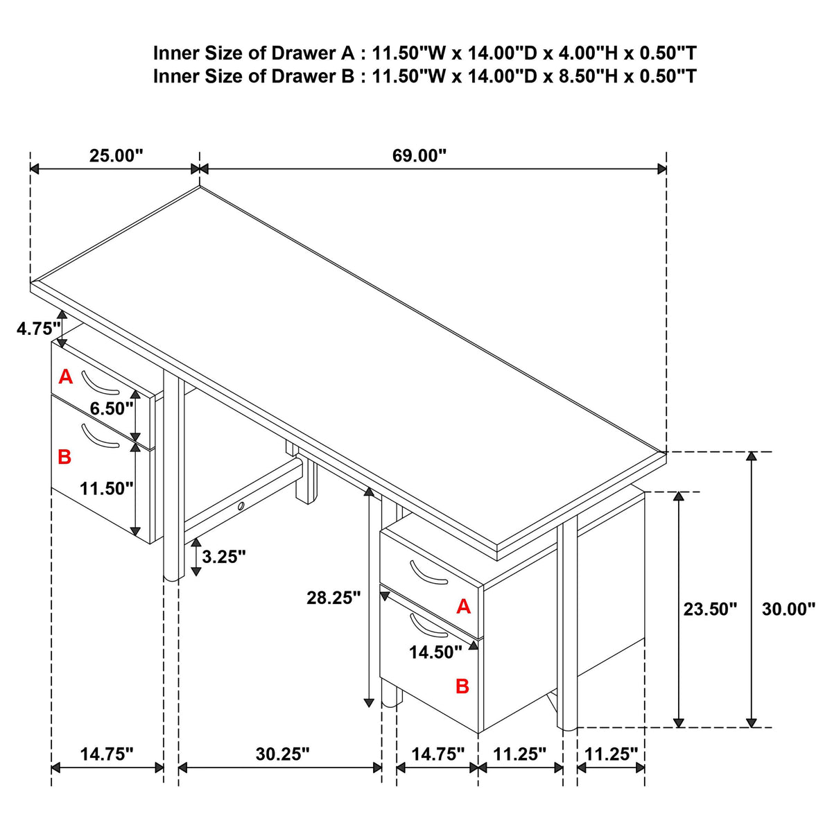 Roldan Light Ash 69-inch 4-drawer Computer Desk with File Drawer from Coaster - Luna Furniture