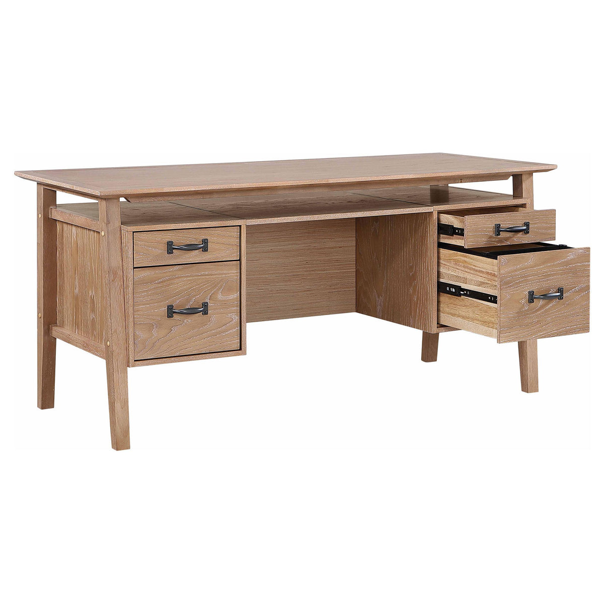 Goodson Distressed computer desk, drawer open, light brown wood finish, three-quarter view