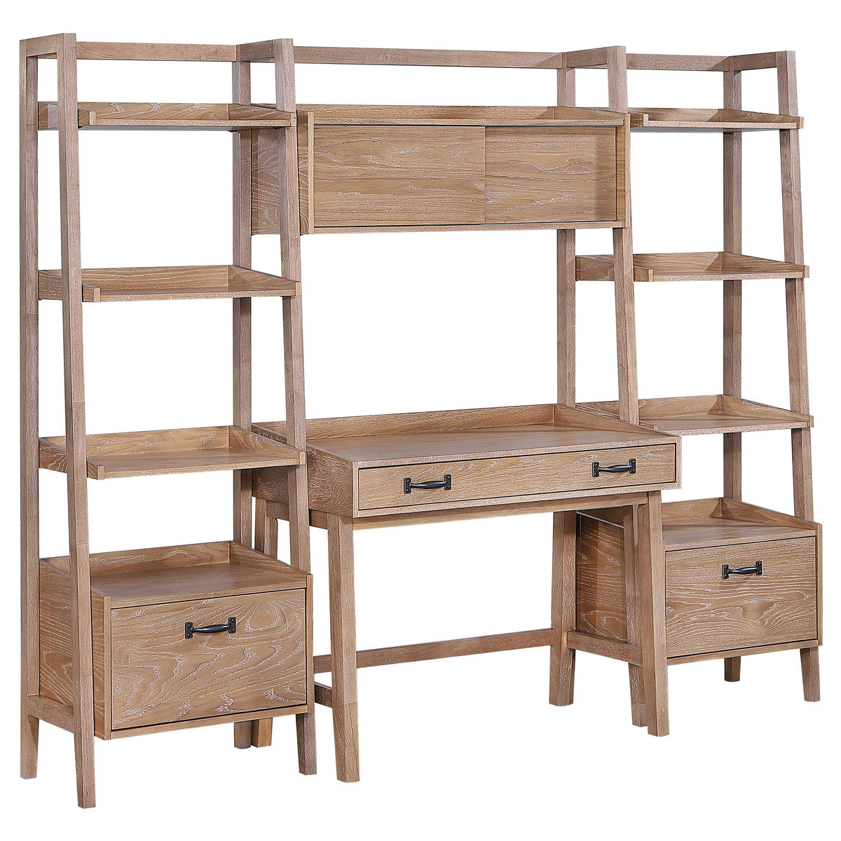 Fabian Distressed office desk set, open shelving towers and center desk, light brown wood finish