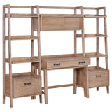 Fabian Distressed office desk set, open shelving towers and center desk, light brown wood finish