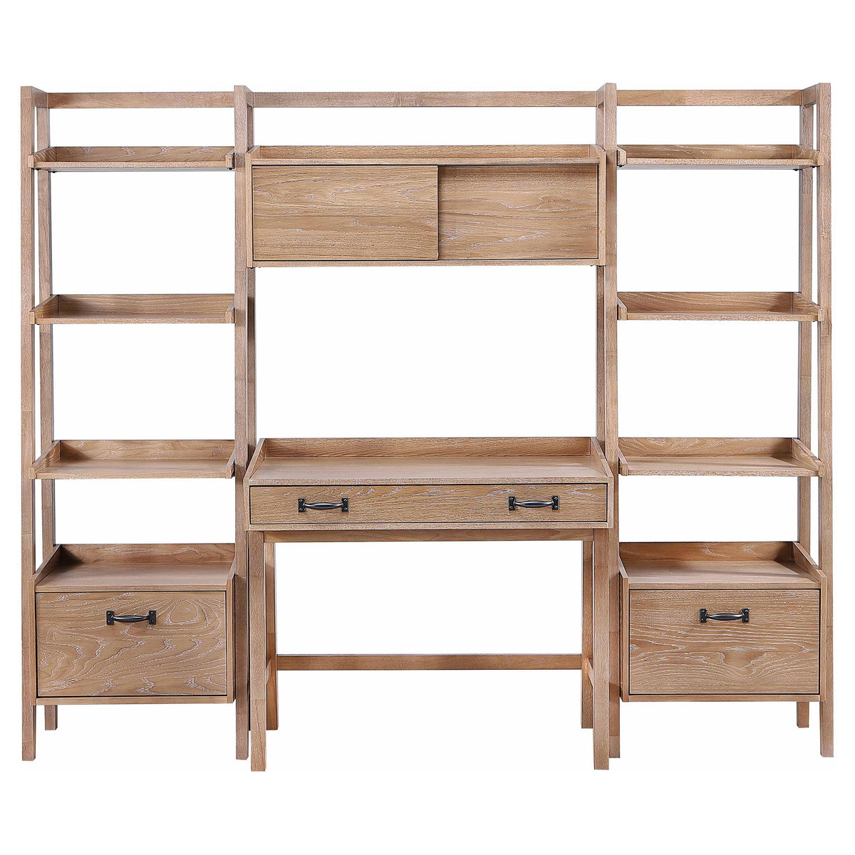 Fabian Distressed office desk set, front view with open shelving and drawers, light brown finish