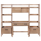 Fabian Distressed office desk set, front view with open shelving and drawers, light brown finish