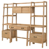 Fabian Distressed computer desk set, angled assembled view with bridge and shelving, light brown finish
