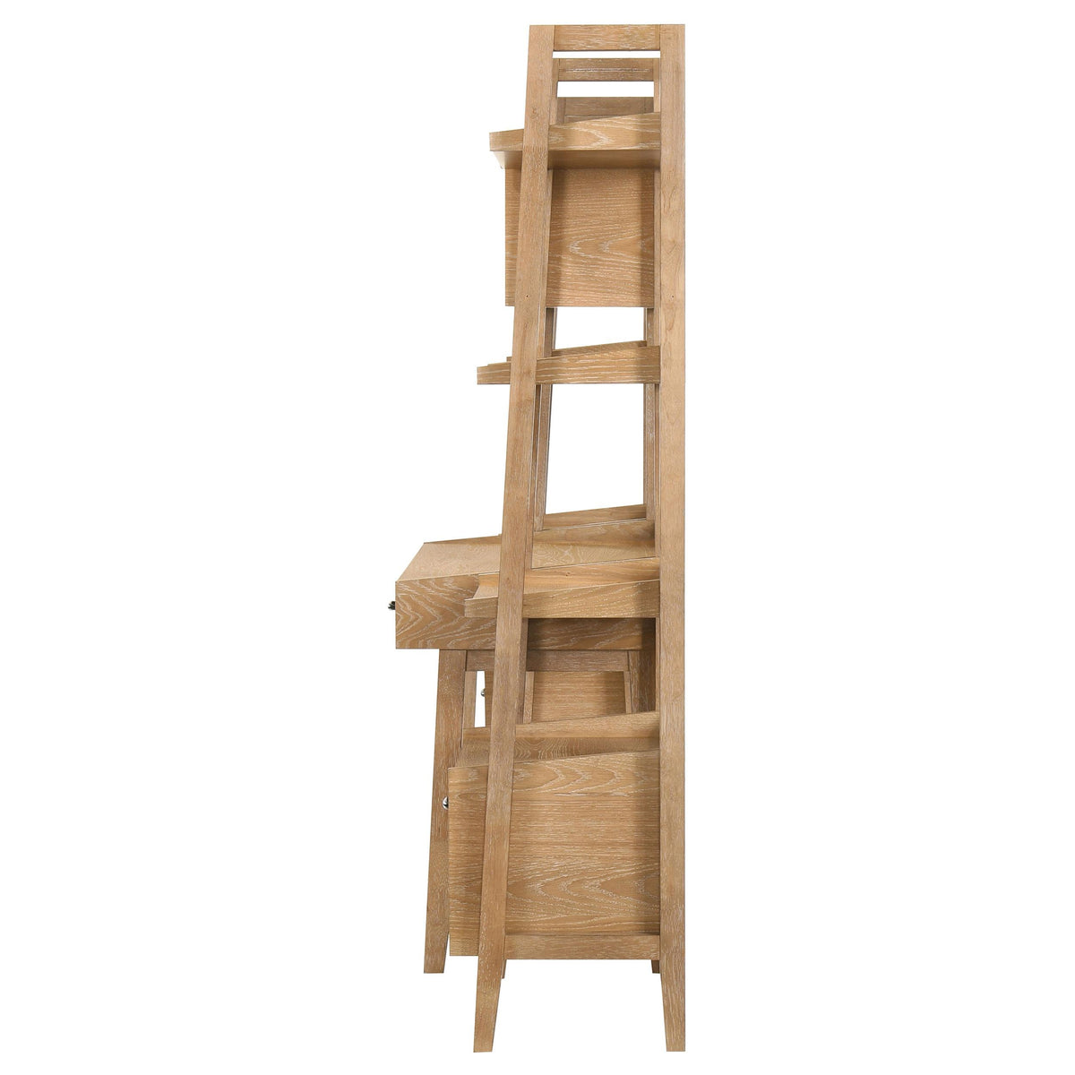 Fabian Distressed office set side view, narrow profile of shelving and desk, light brown wood