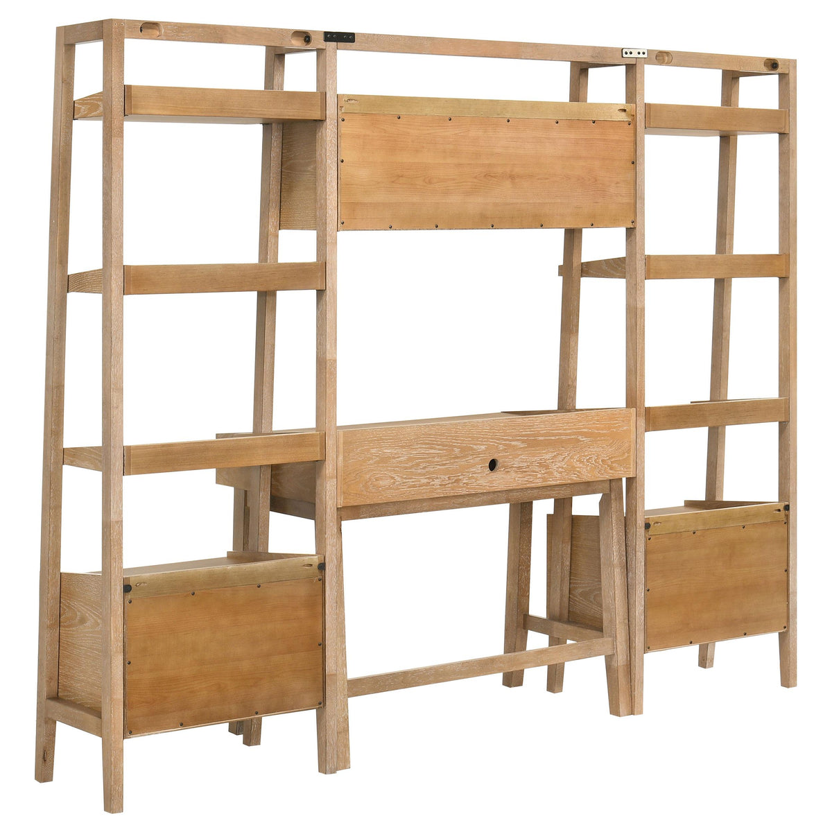 Fabian Distressed desk and bookshelf set back view, wood panel construction and open shelving