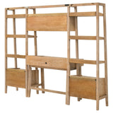 Fabian Distressed office desk set rear view, panel backs and shelf framing, light brown
