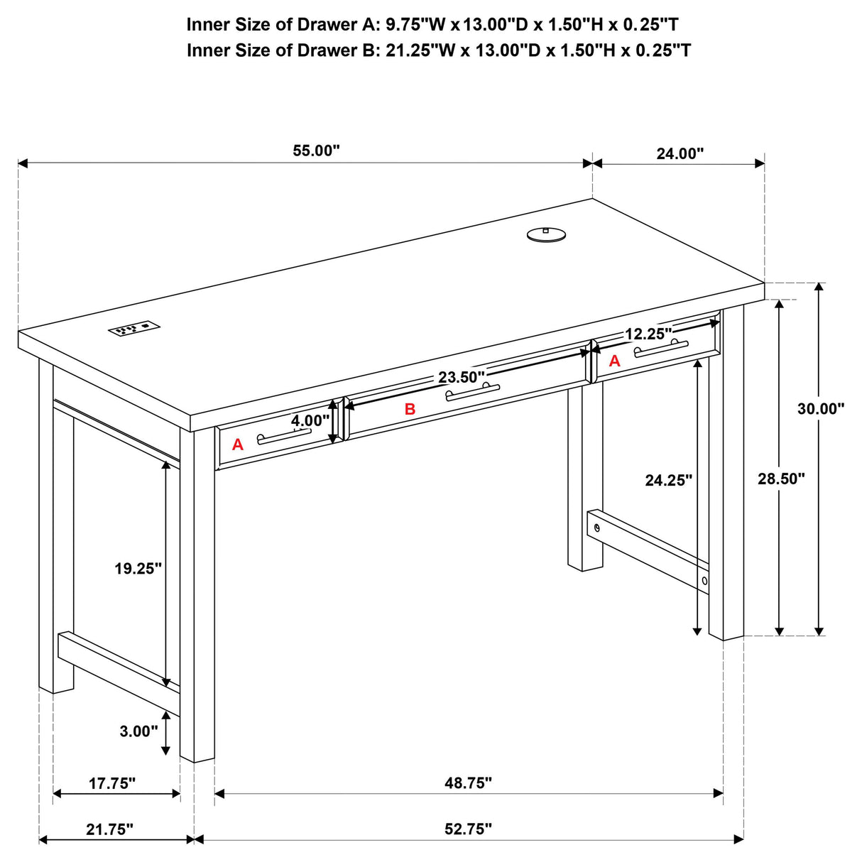 Vermes Light Ash 55-inch 3-drawer Writing Desk with Power Outlet from Coaster - Luna Furniture