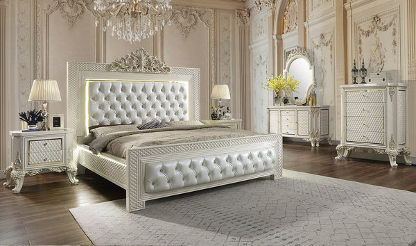 HD-8091 White Gloss/Gold Brush Highlights 5-Piece Bedroom Set (Special Order)