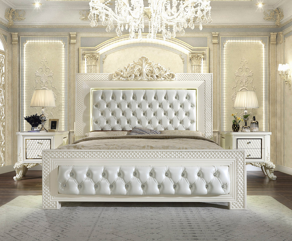 HD-8091 White Gloss/Gold Brush Highlights 5-Piece California King Bedroom Set from Homey Design - Luna Furniture