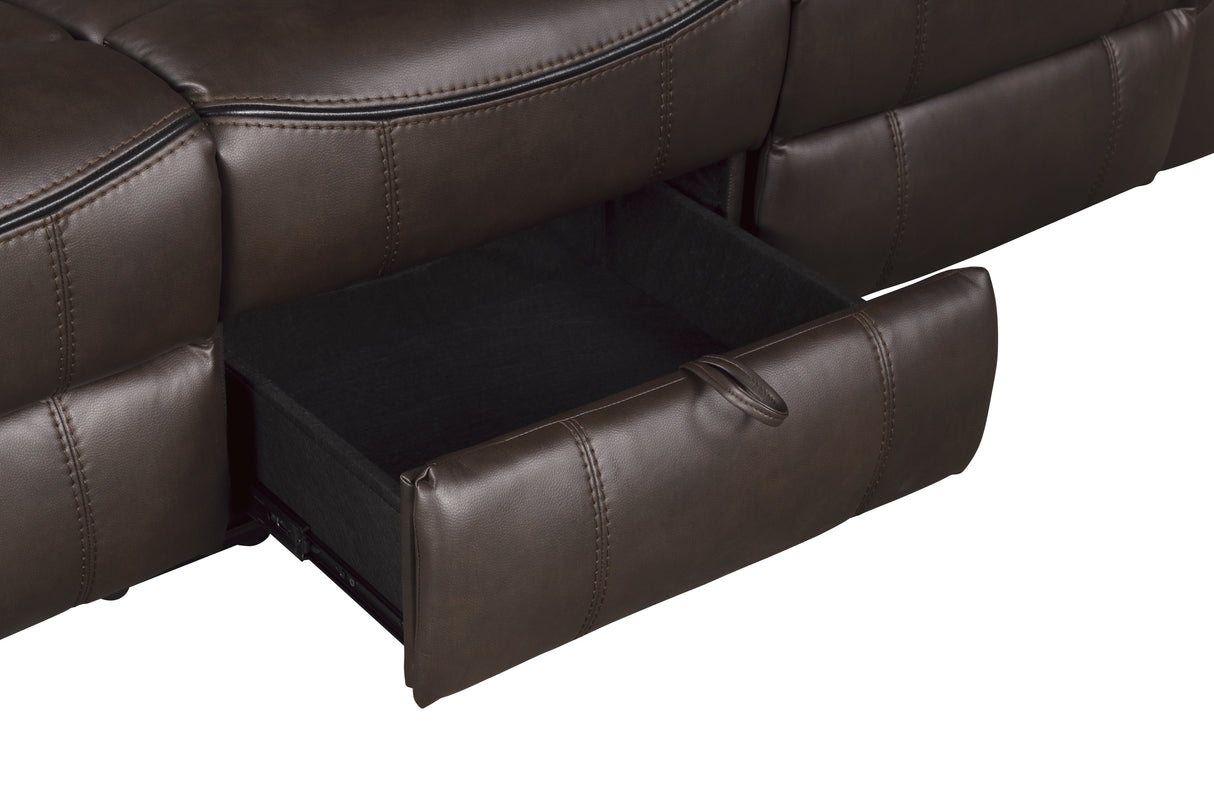 Aram Dark Brown Faux Leather Double Glider Reclining Loveseat with Center Console, Receptacles and USB Ports from Homelegance - Luna Furniture