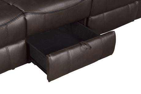 Aram Dark Brown Faux Leather Double Glider Reclining Loveseat with Center Console, Receptacles and USB Ports from Homelegance - Luna Furniture