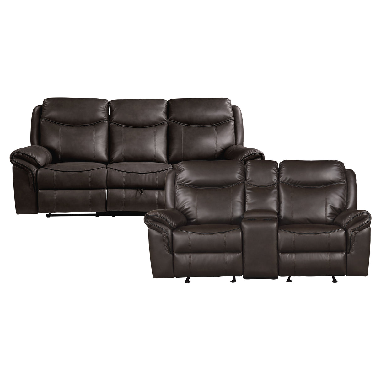 Aram Dark Brown Faux Leather Double Glider Reclining Loveseat with Center Console, Receptacles and USB Ports from Homelegance - Luna Furniture