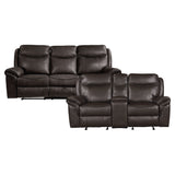 Aram Dark Brown Faux Leather Double Glider Reclining Loveseat with Center Console, Receptacles and USB Ports from Homelegance - Luna Furniture