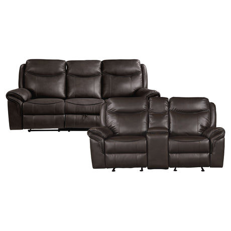 Aram Dark Brown Faux Leather Double Glider Reclining Loveseat with Center Console, Receptacles and USB Ports from Homelegance - Luna Furniture