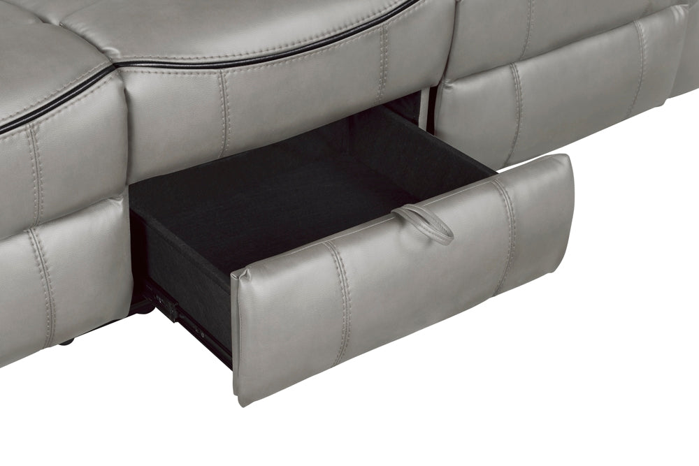 Aram Gray Faux Leather Double Glider Reclining Loveseat with Center Console, Receptacles and USB Ports from Homelegance - Luna Furniture