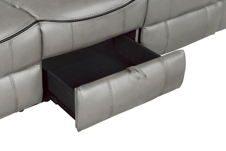 Aram Gray Faux Leather Double Glider Reclining Loveseat with Center Console, Receptacles and USB Ports from Homelegance - Luna Furniture
