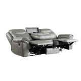 Aram Gray Faux Leather Double Glider Reclining Loveseat with Center Console, Receptacles and USB Ports from Homelegance - Luna Furniture