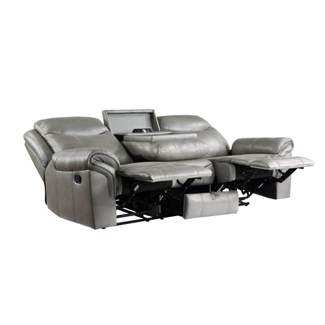 Aram Gray Faux Leather Double Glider Reclining Loveseat with Center Console, Receptacles and USB Ports from Homelegance - Luna Furniture