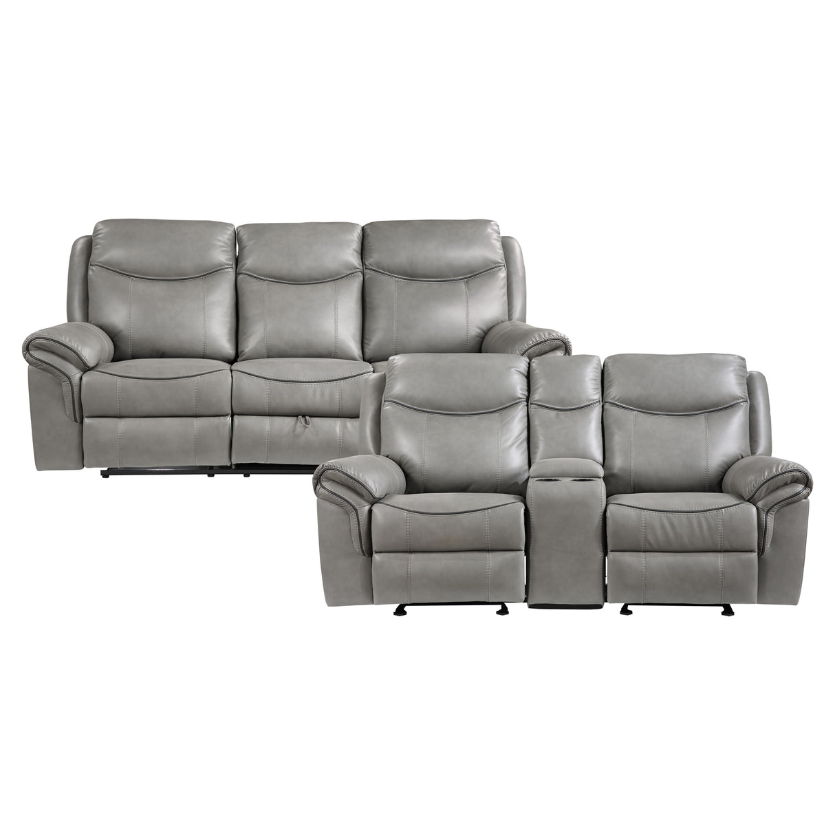 Aram Gray Faux Leather Double Glider Reclining Loveseat with Center Console, Receptacles and USB Ports from Homelegance - Luna Furniture