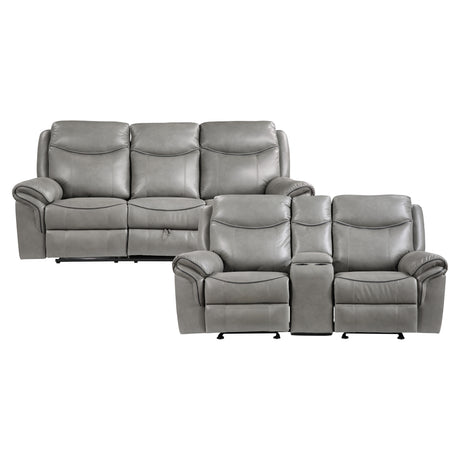Aram Gray Faux Leather Double Glider Reclining Loveseat with Center Console, Receptacles and USB Ports from Homelegance - Luna Furniture