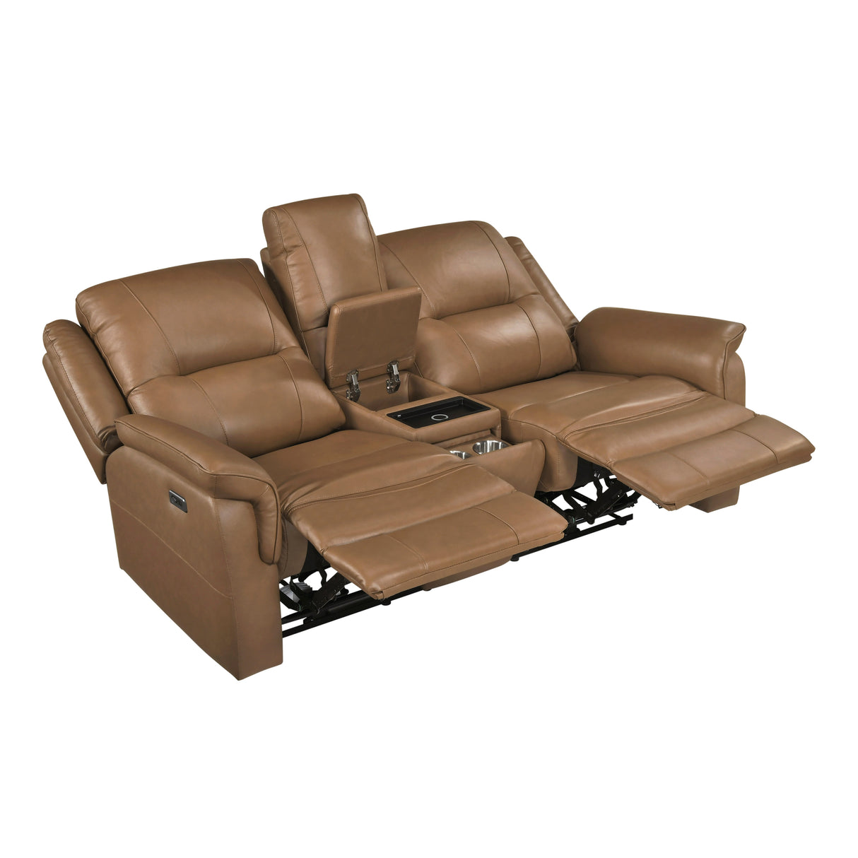 8301BRW-2PW Power Double Reclining Love Seat with Center Console, Hidden Arms Cup Holders, Charging Ports and Wireless Charger from Homelegance - Luna Furniture