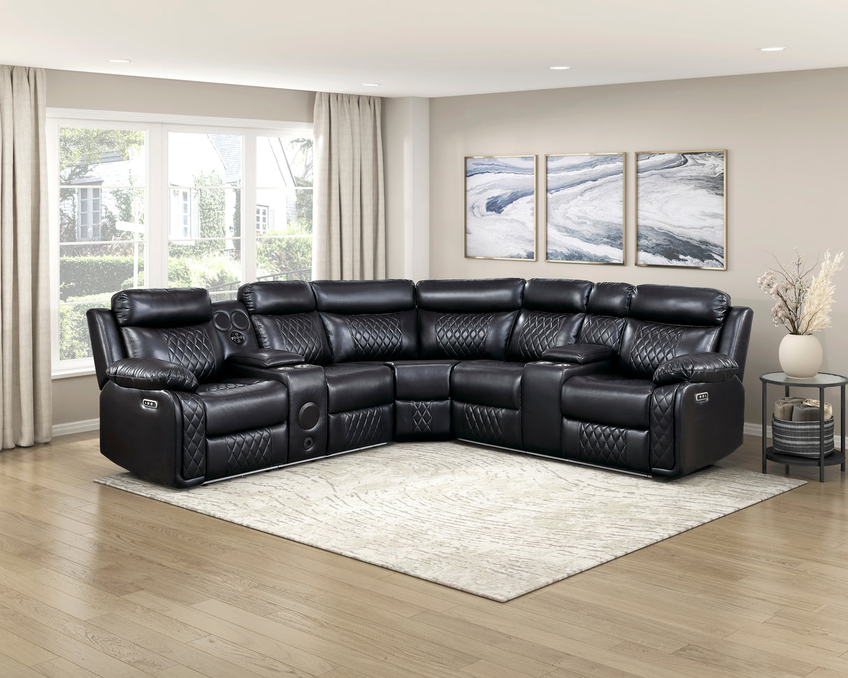 8315BLK*SCPW (3)3-Piece Power Reclining Sectional with Two Consoles, Speakers, Subwoofer, LED Lighting and Charging Port from Homelegance - Luna Furniture