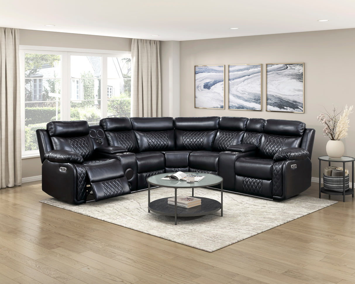 8315BLK*SCPW (3)3-Piece Power Reclining Sectional with Two Consoles, Speakers, Subwoofer, LED Lighting and Charging Port from Homelegance - Luna Furniture