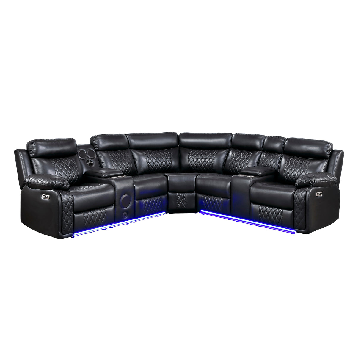 8315BLK*SCPW (3)3-Piece Power Reclining Sectional with Two Consoles, Speakers, Subwoofer, LED Lighting and Charging Port from Homelegance - Luna Furniture