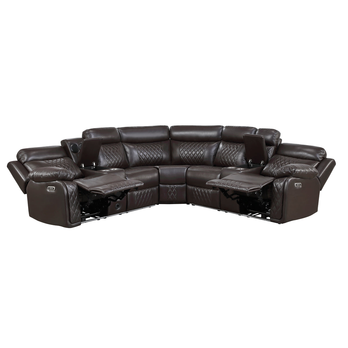 8315DBR*SCPW (3)3-Piece Power Reclining Sectional with Two Consoles, Speakers, Subwoofer, LED Lighting and Charging Port from Homelegance - Luna Furniture