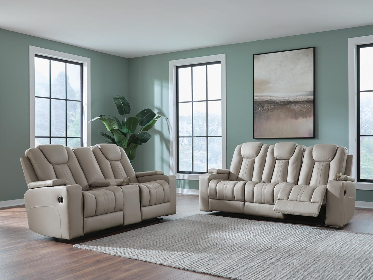 Elevate Edges Coin Reclining Sofa and Loveseat with Console from Ashley Furniture - Luna Furniture