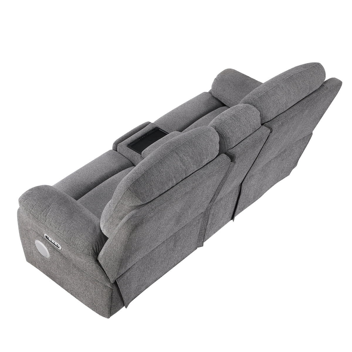 8340GRY-2PWHB Power Double Reclining Love Seat with Center Console, Power Headrests, Power Lumbar Support, Wireless Charger, Hidden Cup Holders, Bluetooth Speakers and Charging Ports from Homelegance - Luna Furniture