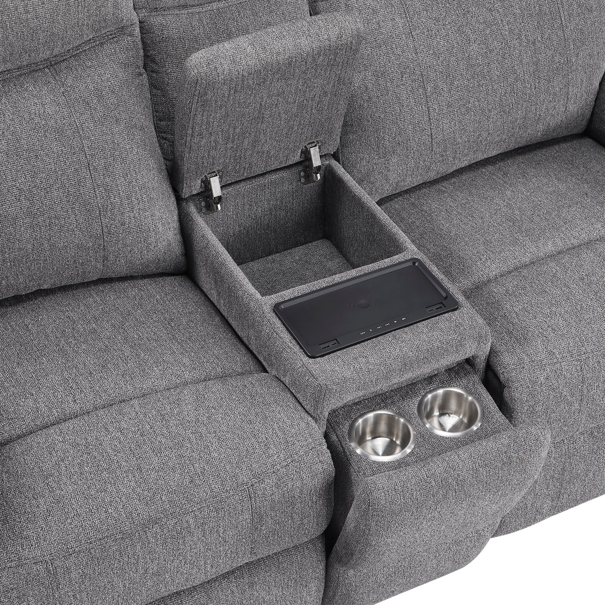 8340GRY-2PWHB Power Double Reclining Love Seat with Center Console, Power Headrests, Power Lumbar Support, Wireless Charger, Hidden Cup Holders, Bluetooth Speakers and Charging Ports from Homelegance - Luna Furniture