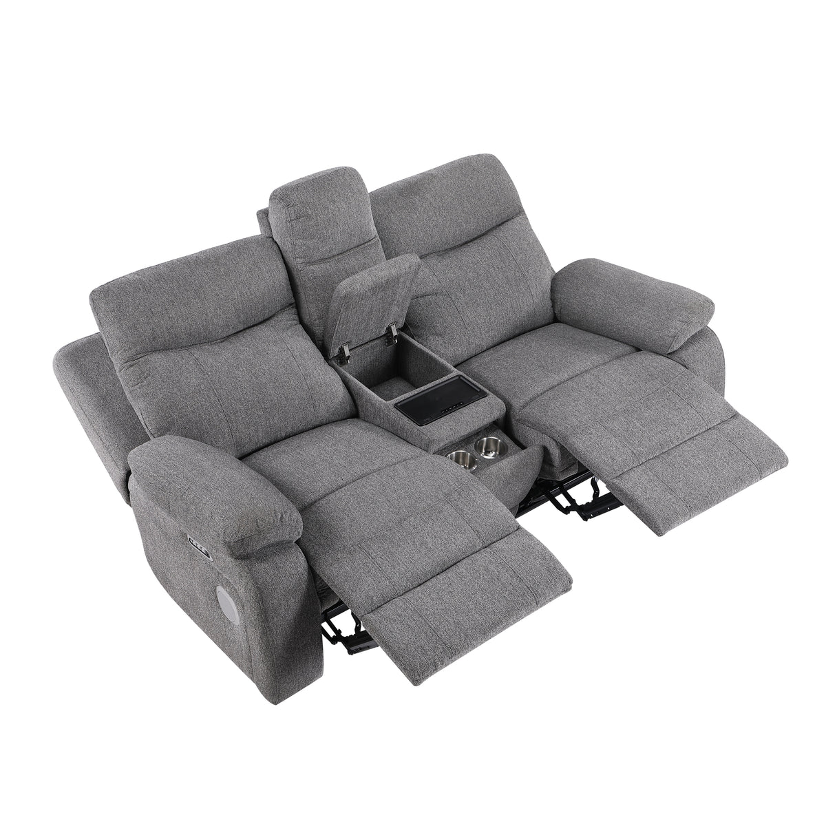 8340GRY-2PWHB Power Double Reclining Love Seat with Center Console, Power Headrests, Power Lumbar Support, Wireless Charger, Hidden Cup Holders, Bluetooth Speakers and Charging Ports from Homelegance - Luna Furniture