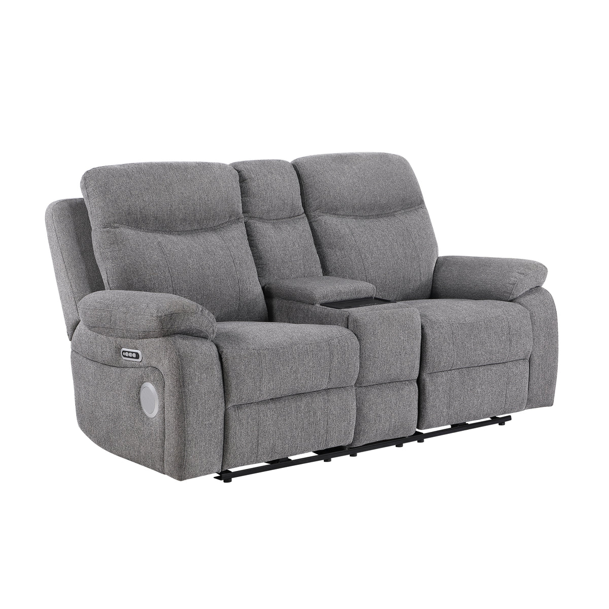 8340GRY-2PWHB Power Double Reclining Love Seat with Center Console, Power Headrests, Power Lumbar Support, Wireless Charger, Hidden Cup Holders, Bluetooth Speakers and Charging Ports from Homelegance - Luna Furniture