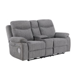 8340GRY-2PWHB Power Double Reclining Love Seat with Center Console, Power Headrests, Power Lumbar Support, Wireless Charger, Hidden Cup Holders, Bluetooth Speakers and Charging Ports from Homelegance - Luna Furniture
