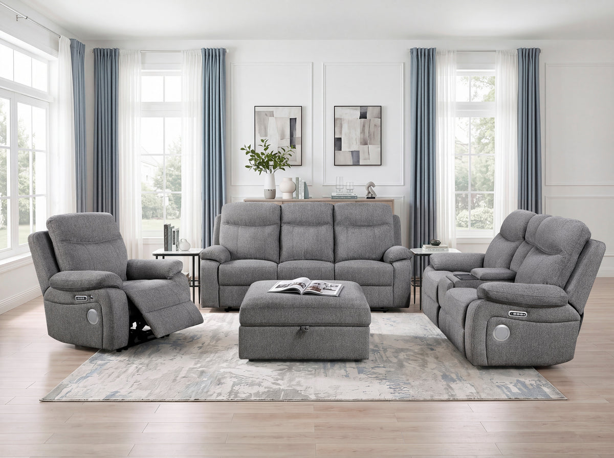 8340GRY-2PWHB Power Double Reclining Love Seat with Center Console, Power Headrests, Power Lumbar Support, Wireless Charger, Hidden Cup Holders, Bluetooth Speakers and Charging Ports from Homelegance - Luna Furniture