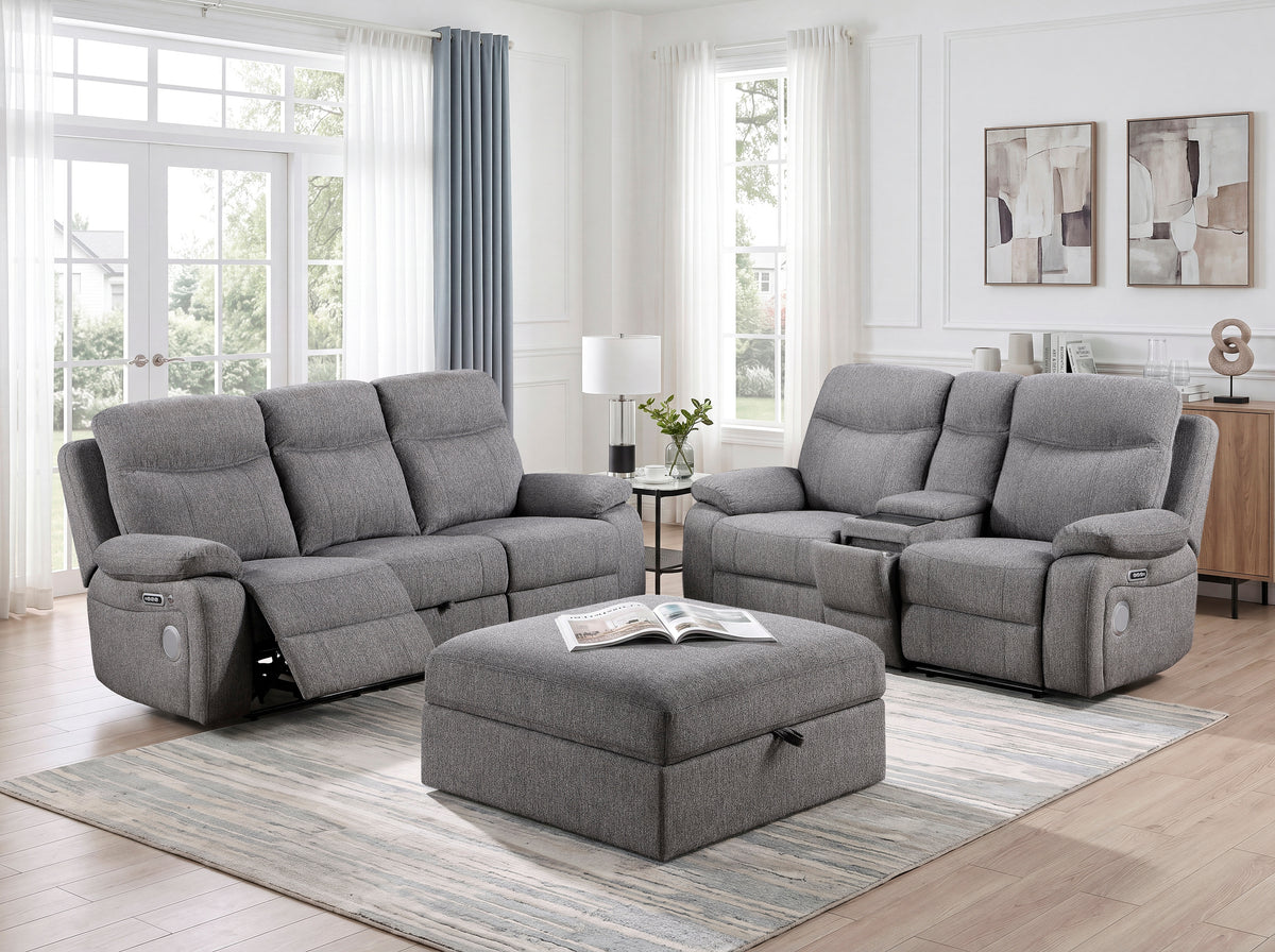 8340GRY-3PWHB Power Double Reclining Sofa with Center Drop-down Cup Holders, Power Headrests, Power Lumbar Support, Wireless Charger, Bluetooth Speakers, Hidden Drawer and Charging Ports from Homelegance - Luna Furniture