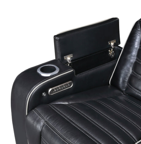 Cyber Black Power Double Reclining Sofa with Center Drop-Down, Cup Holders, Wireless Charger and LED Lighting from Homelegance - Luna Furniture