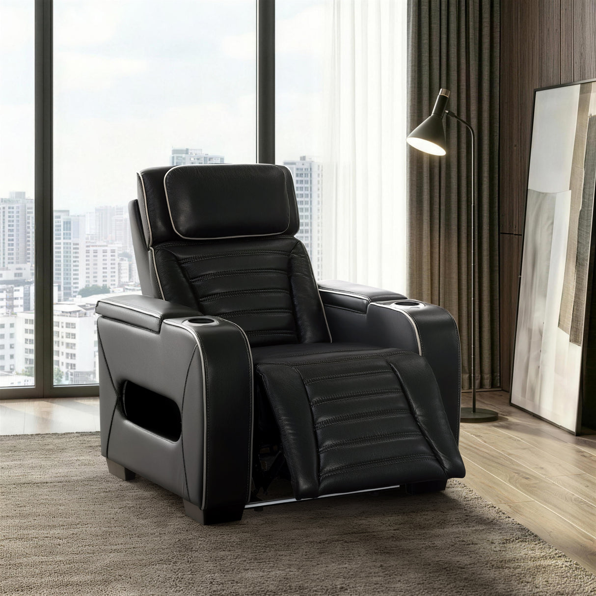 Cyber Black Power Reclining Chair with Power Headrest, Cup holder, Charging Ports and LED Lighting from Homelegance - Luna Furniture